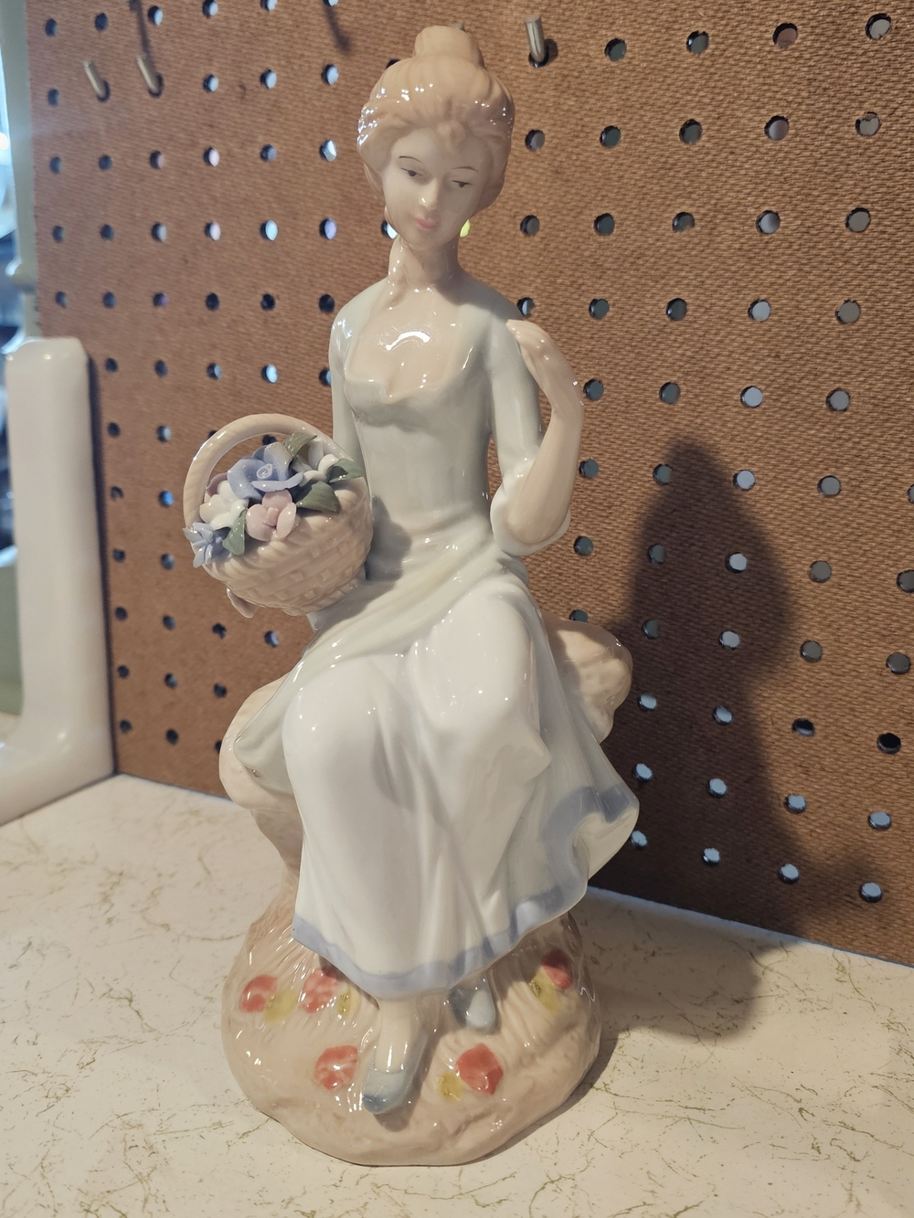 Vintage Porcelain Seated Woman Figurine in White and Pastel